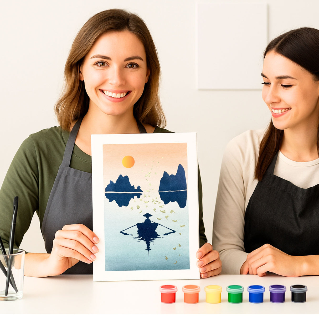 Deux personnes souriantes présentent une œuvre réalisée avec le pochoir artistique Hanoï de Panash Art.
Le tableau montre une silhouette sur l’eau devant des montagnes, créée à partir du kit créatif Panash Art avec peinture et pochoir.