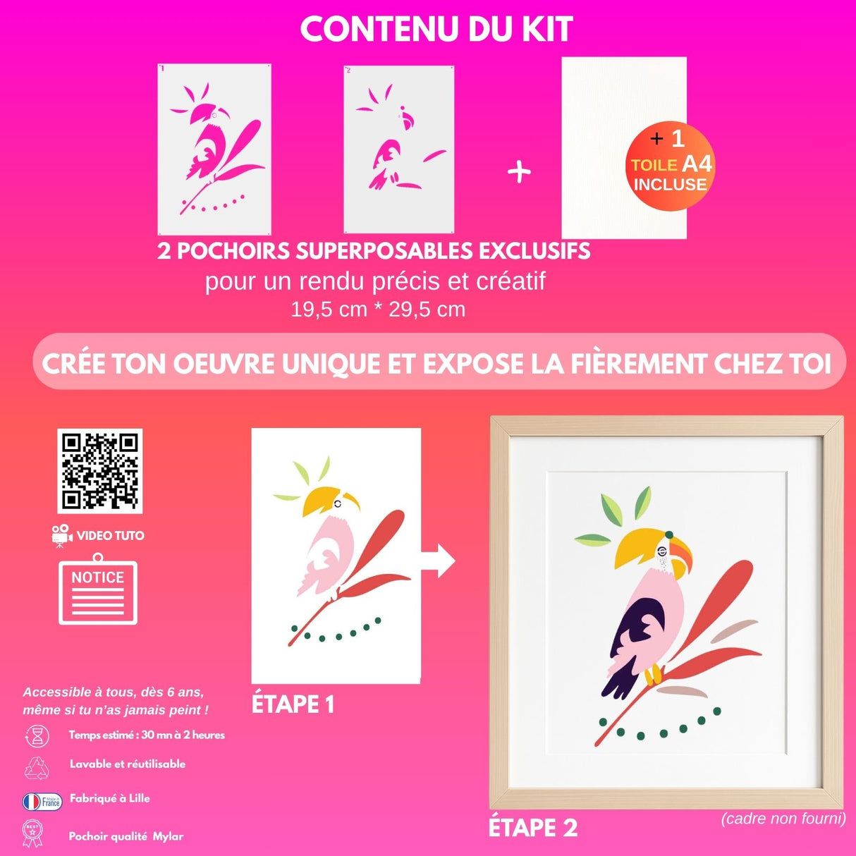 Kit créatif Panash Art avec pochoirs PERROQUET, toile A4 et notice vidéo.