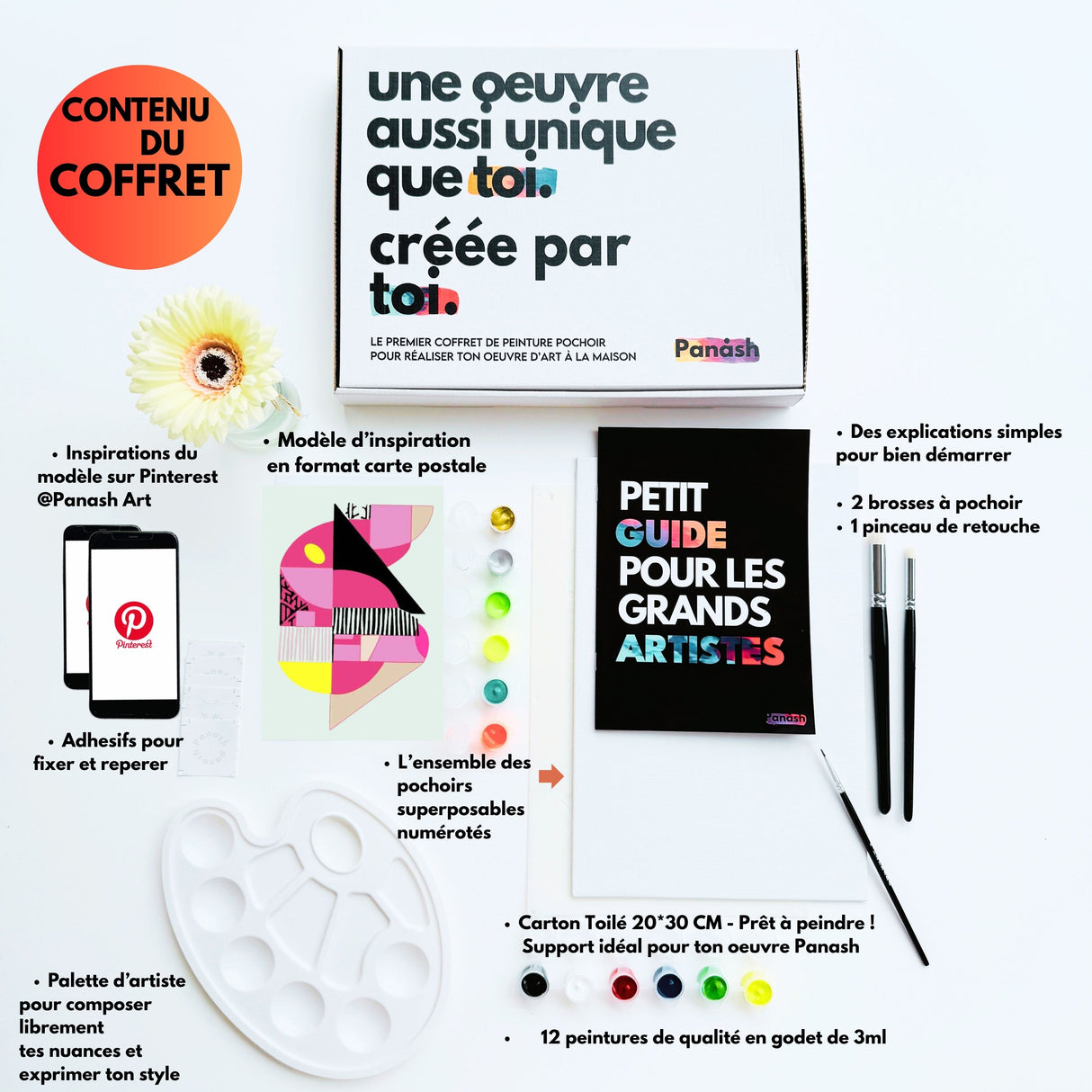 Coffret créatif ABSOLU complet – pochoirs géométriques, pinceaux, peintures et guide