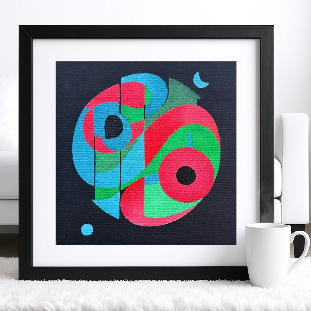 Œuvre abstraite Synergy encadrée, réalisée avec kit pochoirs superposables en 3 couches, couleurs vives rouge, vert et bleu, alternative créative à la peinture au numéro, décoration murale moderne DIY Panash Art Kit créatif, Diy