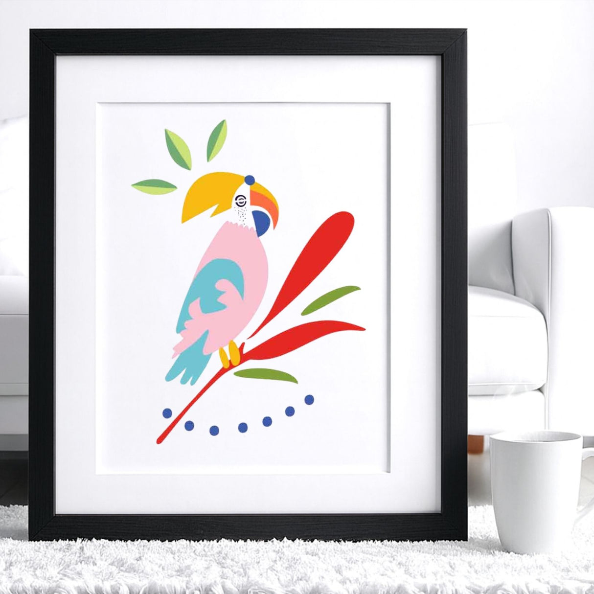 Résultat final du pochoir PERROQUET Panash Art – oiseau tropical multicolore sur branche, fond blanc, style moderne et décoratif.