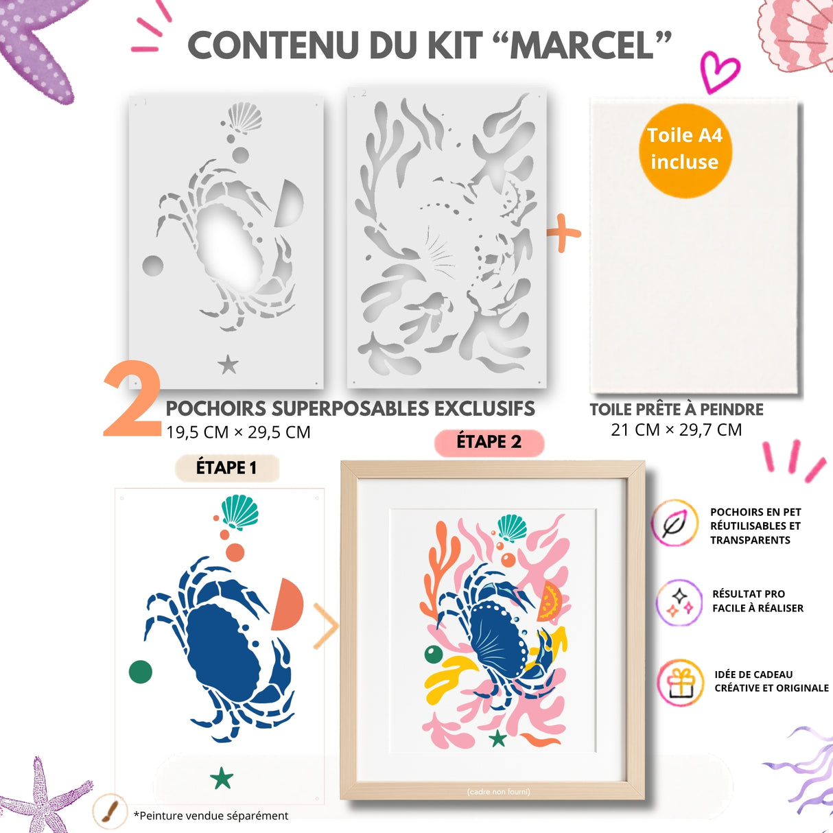 Contenu du kit pochoir Crabe Marcel avec 2 pochoirs superposables, toile A4 prête à peindre. Alternative à la peinture au numéro, activité créative DIY pour adultes et enfants dès 6 ans. Pochoirs réutilisables fabriqués en France par Panash Art.