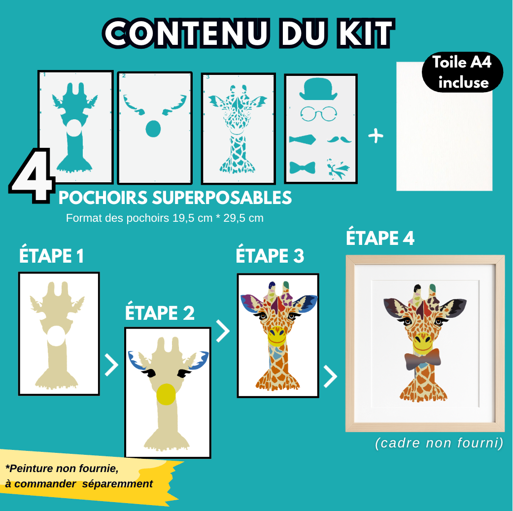 Kit pochoirs superposables Panash Art – alternative à la peinture au numéro, activité créative DIY pour créer une œuvre murale Girafe coloré à la maison, loisir créatif facile adulte et enfant, pinceaux et peintures inclus, décoration intérieure moderne.