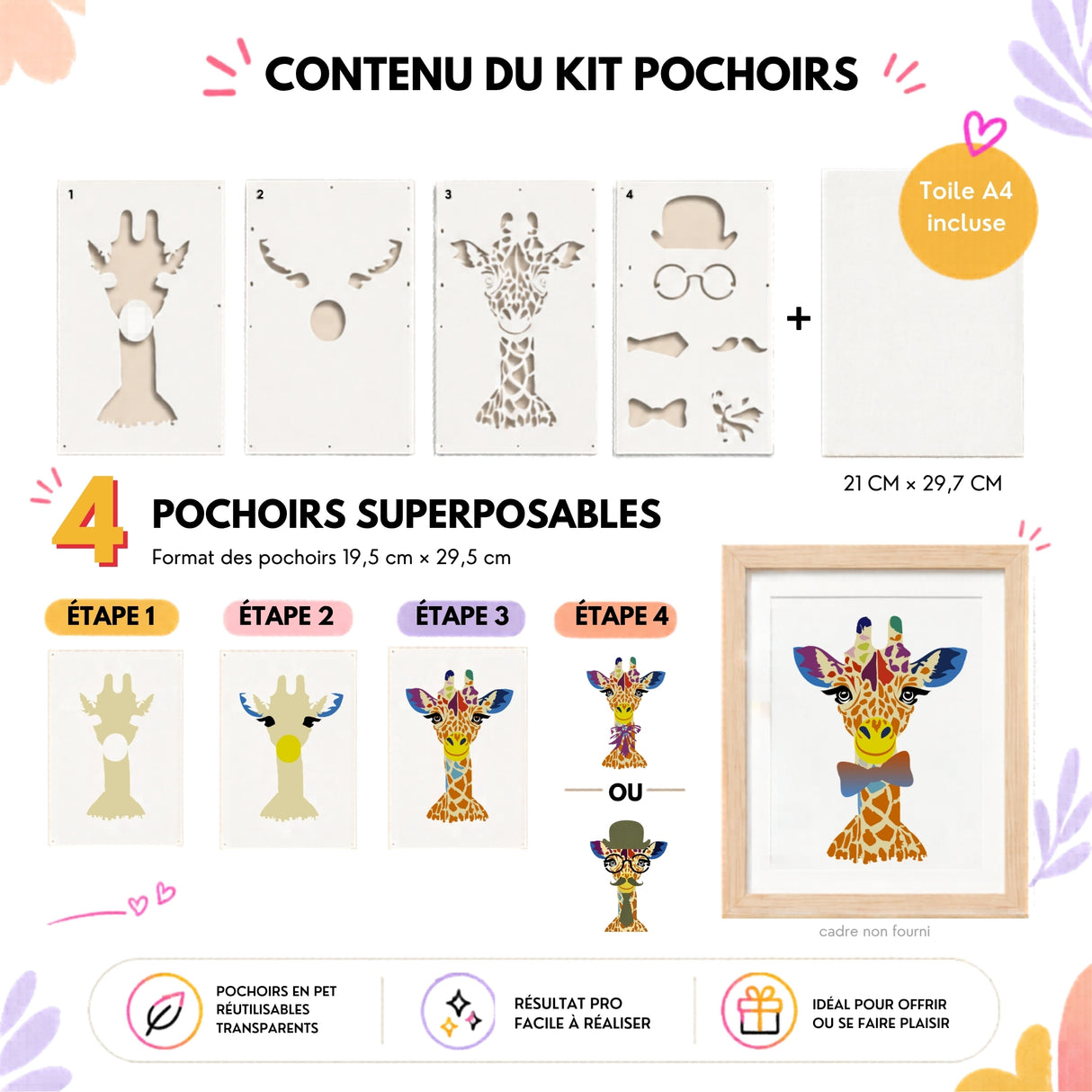 Kit créatif pochoir girafe Panash Art avec 4 pochoirs superposables réutilisables en PET transparent, toile A4 incluse, peintures acryliques et pinceaux pour créer facilement une œuvre colorée sans savoir dessiner. Coffret DIY créatif complet, alternative moderne à la peinture au numéro, activité artistique accessible pour adulte et enfant dès 6 ans, idée cadeau créative et décoration murale à personnaliser.