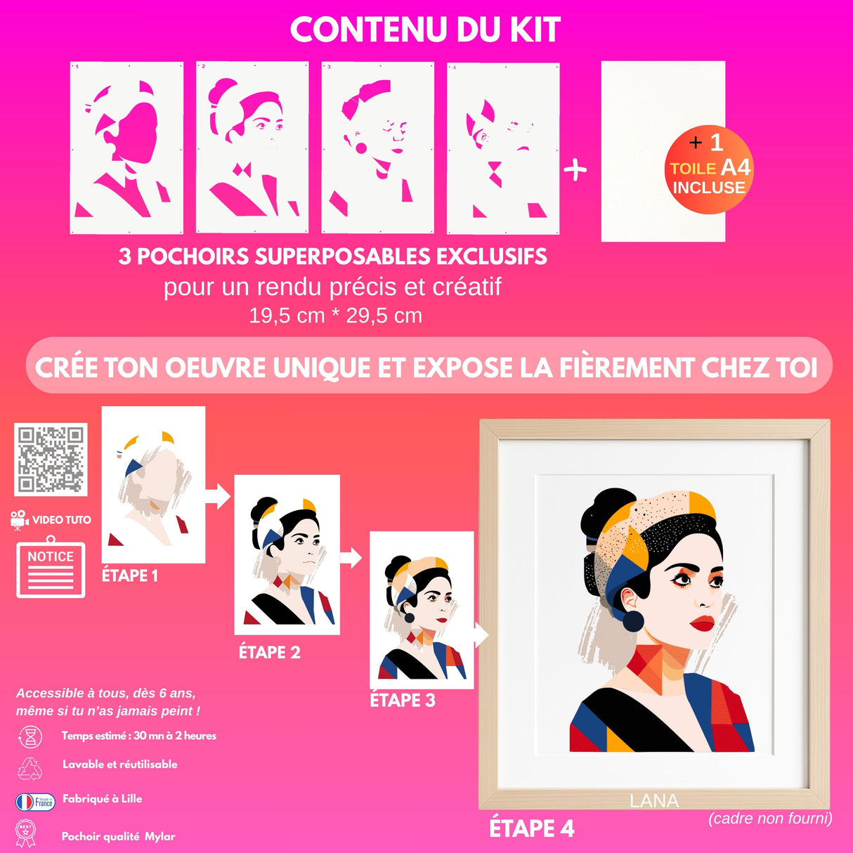Kit pochoirs créatifs Lana | Portrait pop art contemporain en 4 superpositions | Panash Art