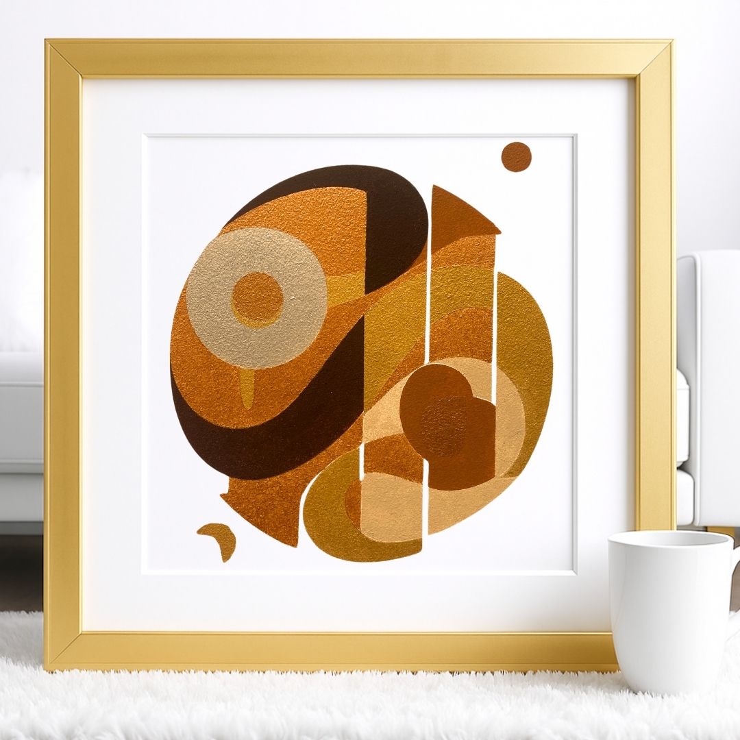 Œuvre abstraite Synergy encadrée, réalisée avec kit pochoirs superposables en 3 couches, couleurs bronze, doré, marron, terre de sienne, alternative créative à la peinture au numéro, décoration murale moderne DIY Panash Art Kit créatif, Diy