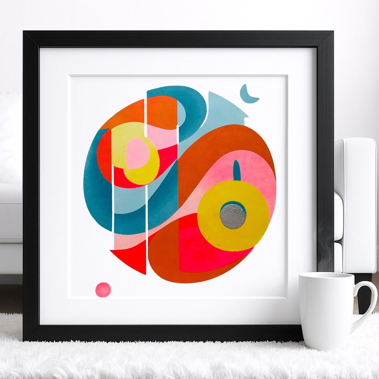 Œuvre abstraite Synergy encadrée, réalisée avec kit pochoirs superposables en 3 couches, couleurs vives rouge, jaune et bleu, alternative créative à la peinture au numéro, décoration murale moderne DIY Panash Art Kit créatif, Diy