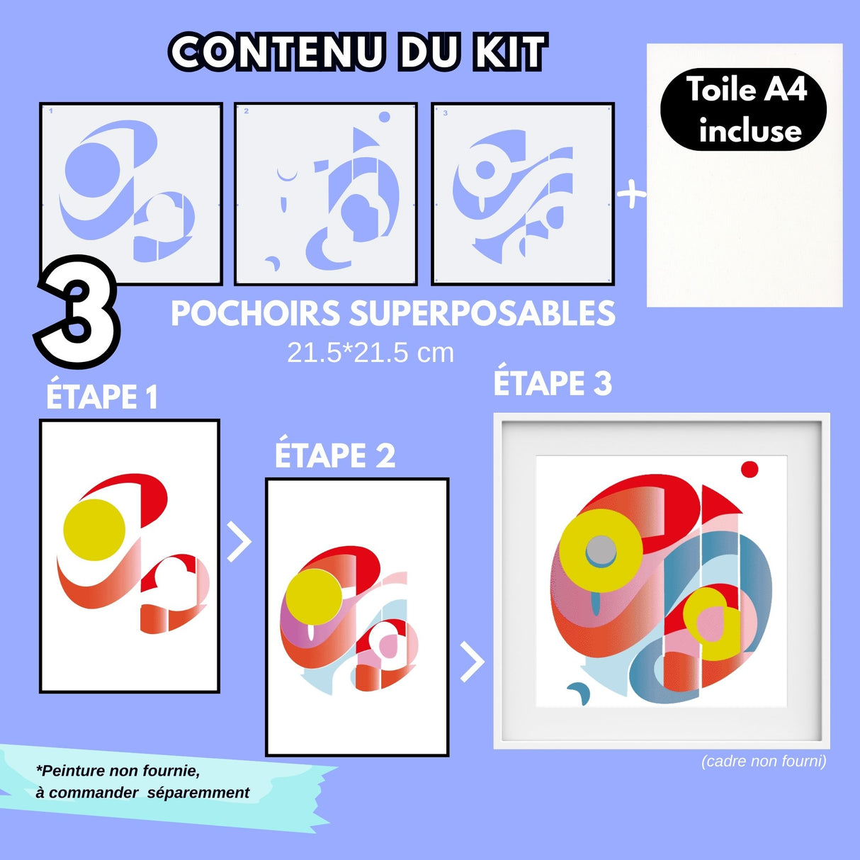 Kit pochoirs superposables Panash Art avec 3 pochoirs réutilisables 21,5x21,5 cm et toile A4 incluse, activité créative DIY alternative à la peinture au numéro pour créer une œuvre décorative moderne, abstrait. Oeuvre murale