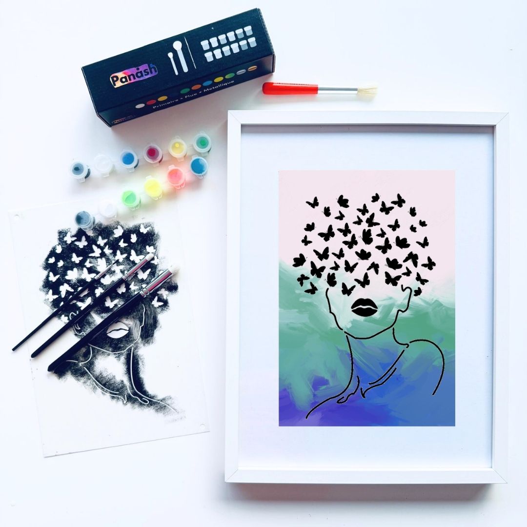 Pochoir créatif Renaissance Papillons Panash Art, portrait féminin moderne à réaliser en peinture acrylique, kit DIY artistique format A4 avec cadre blanc, activité créative alternative à la peinture au numéro
