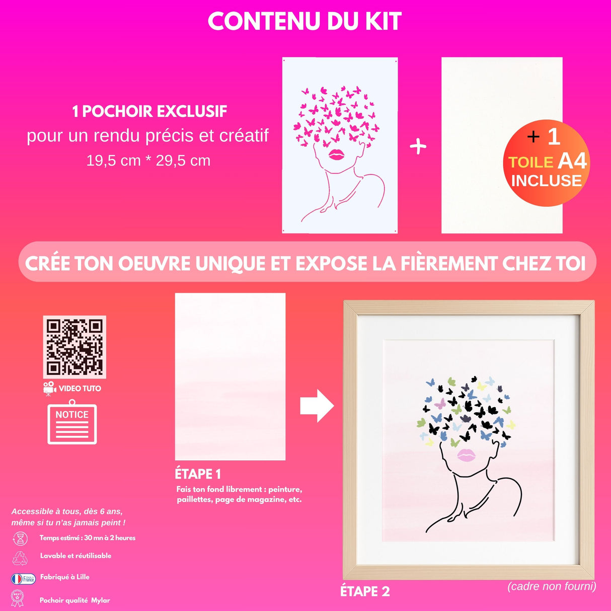 Kit pochoir artistique Renaissance | Visage féminin & envolée de papillons | Panash Art