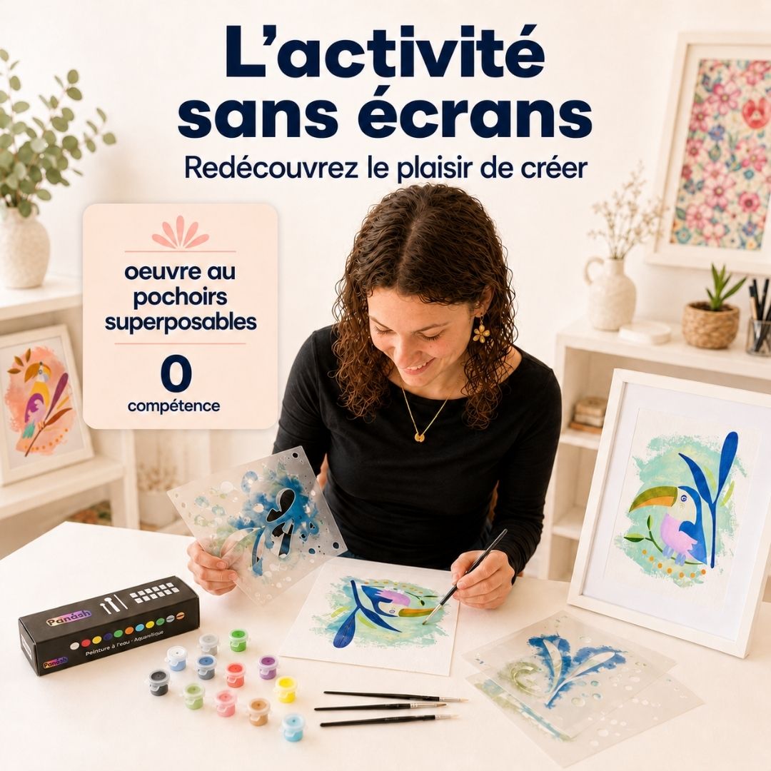 Femme réalisant un tableau toucan Panash Art avec pochoirs superposables et peinture acrylique, activité créative sans écrans alternative à la peinture au numéro