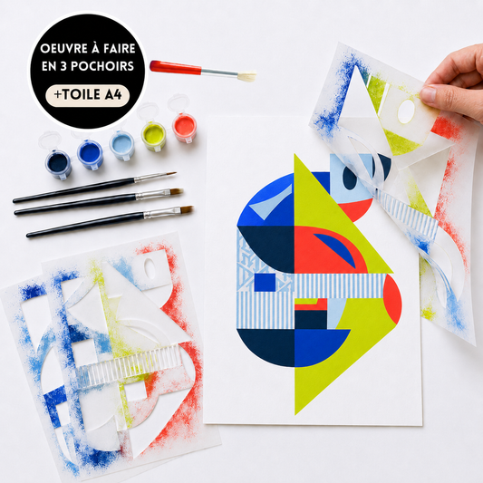 Kit Pochoirs Absolu – 3 pochoirs abstraits superposables + toile A4 incluse
