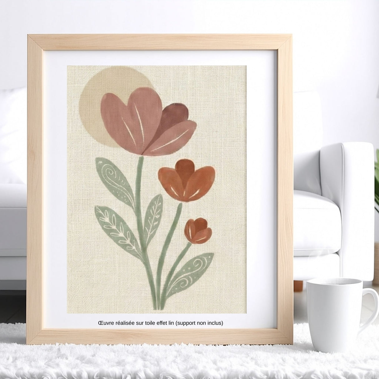 Œuvre Crocus réalisée avec le pochoir créatif Panash Art sur toile effet lin, peinture acrylique fleurs terracotta et vert sauge, support non inclus
