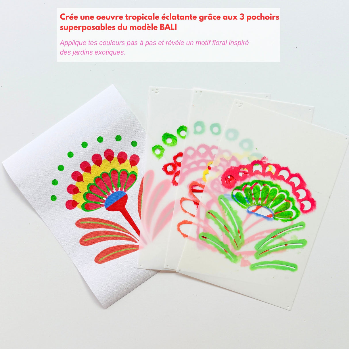 réalisation artistique et pochoirs du kit Flowers Balii avec Panash Art
