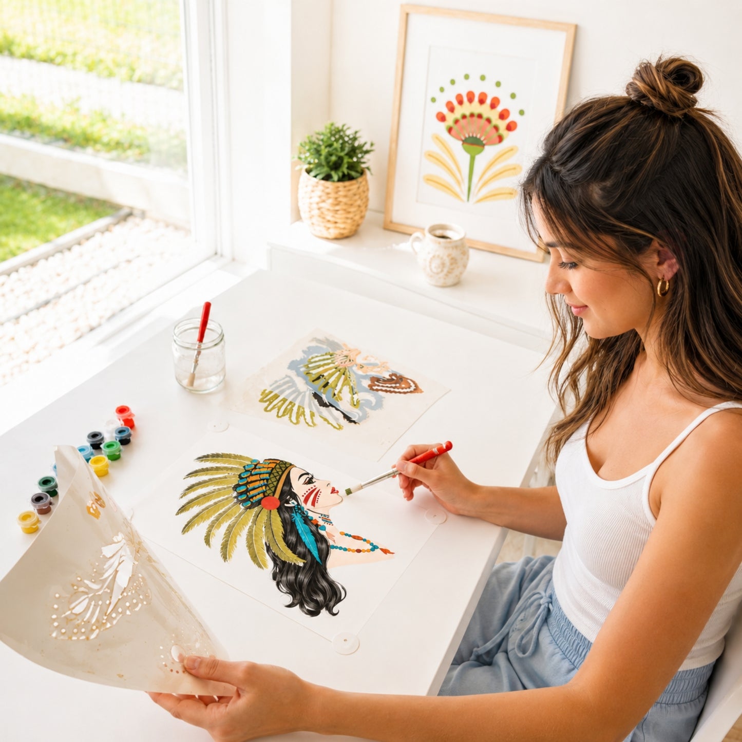 Activité créative sans écrans avec le kit pochoirs Tiva Panash Art : une jeune femme réalise un portrait décoratif avec des pochoirs superposables et de la peinture acrylique.