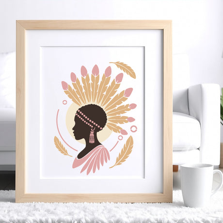Cadre décoratif présentant l’œuvre Crépuscule d’Amani, silhouette féminine et plumes peintes avec les pochoirs Panash Art.