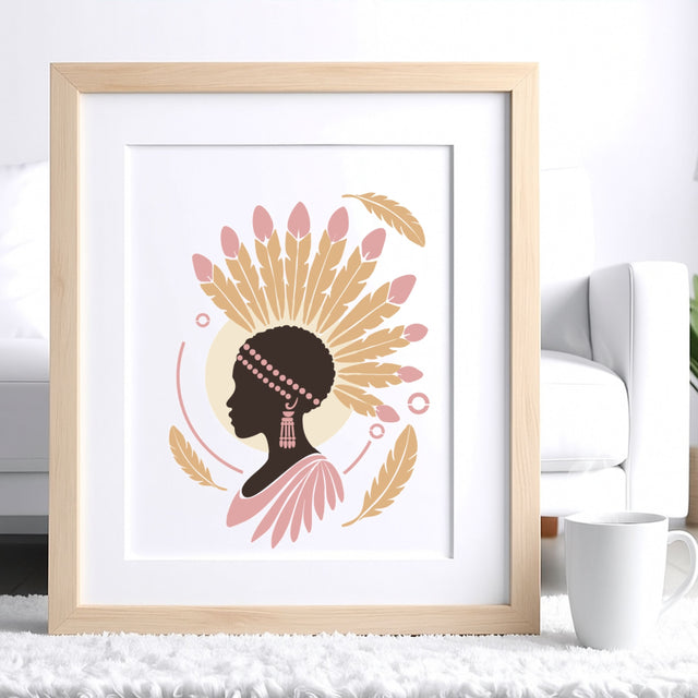 Cadre décoratif présentant l’œuvre Crépuscule d’Amani, silhouette féminine et plumes peintes avec les pochoirs Panash Art.