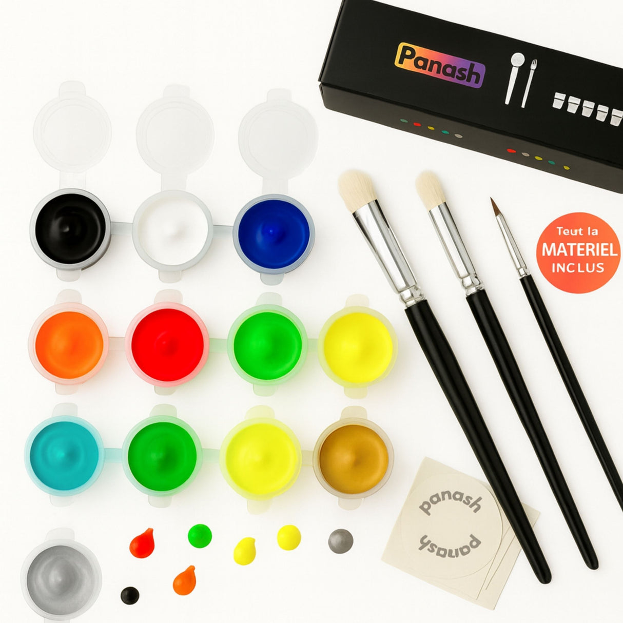 Box Peintures & Accessoires Panash | 12 couleurs acryliques + 3 pinceaux + adhésifs + notice
