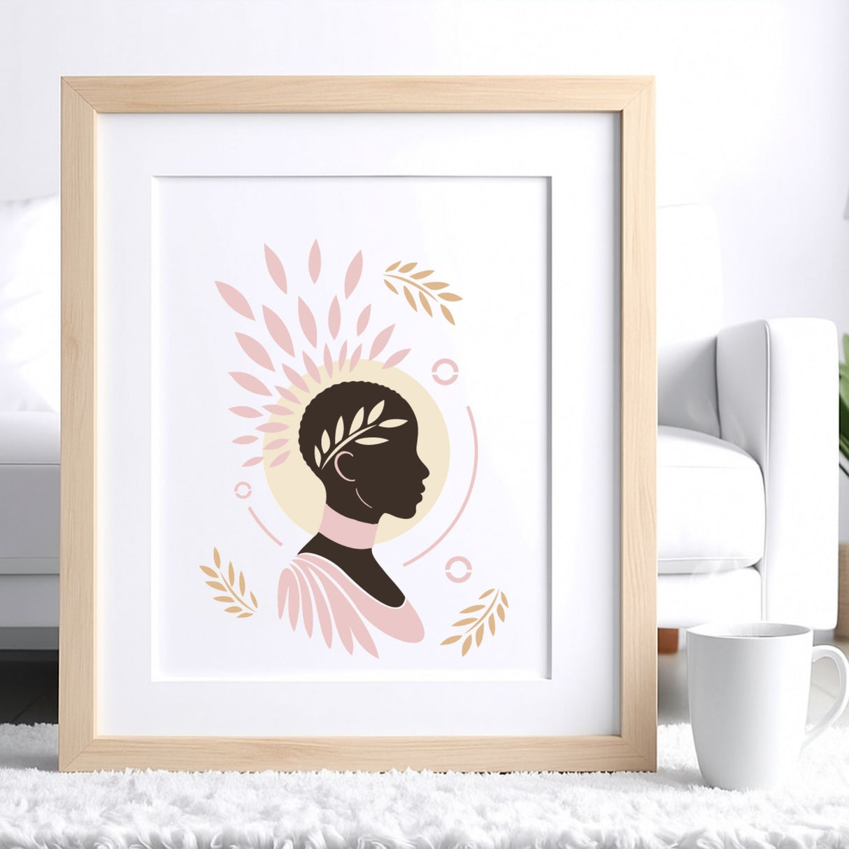 Cadre décoratif présentant l’œuvre Aube d’Amani, silhouette féminine et plumes peintes avec les pochoirs Panash Art.