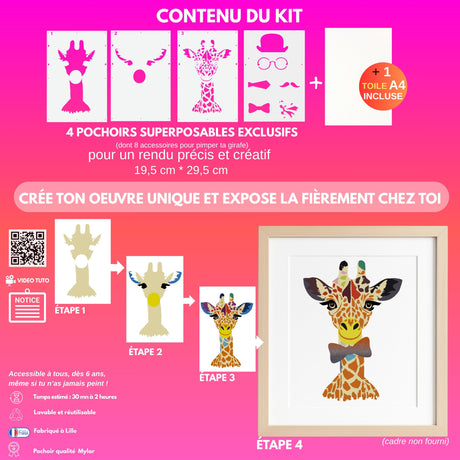 Kit Pochoirs Girafe Léa – 3 pochoirs superposables + 6 accessoires + toile A4 incluse
