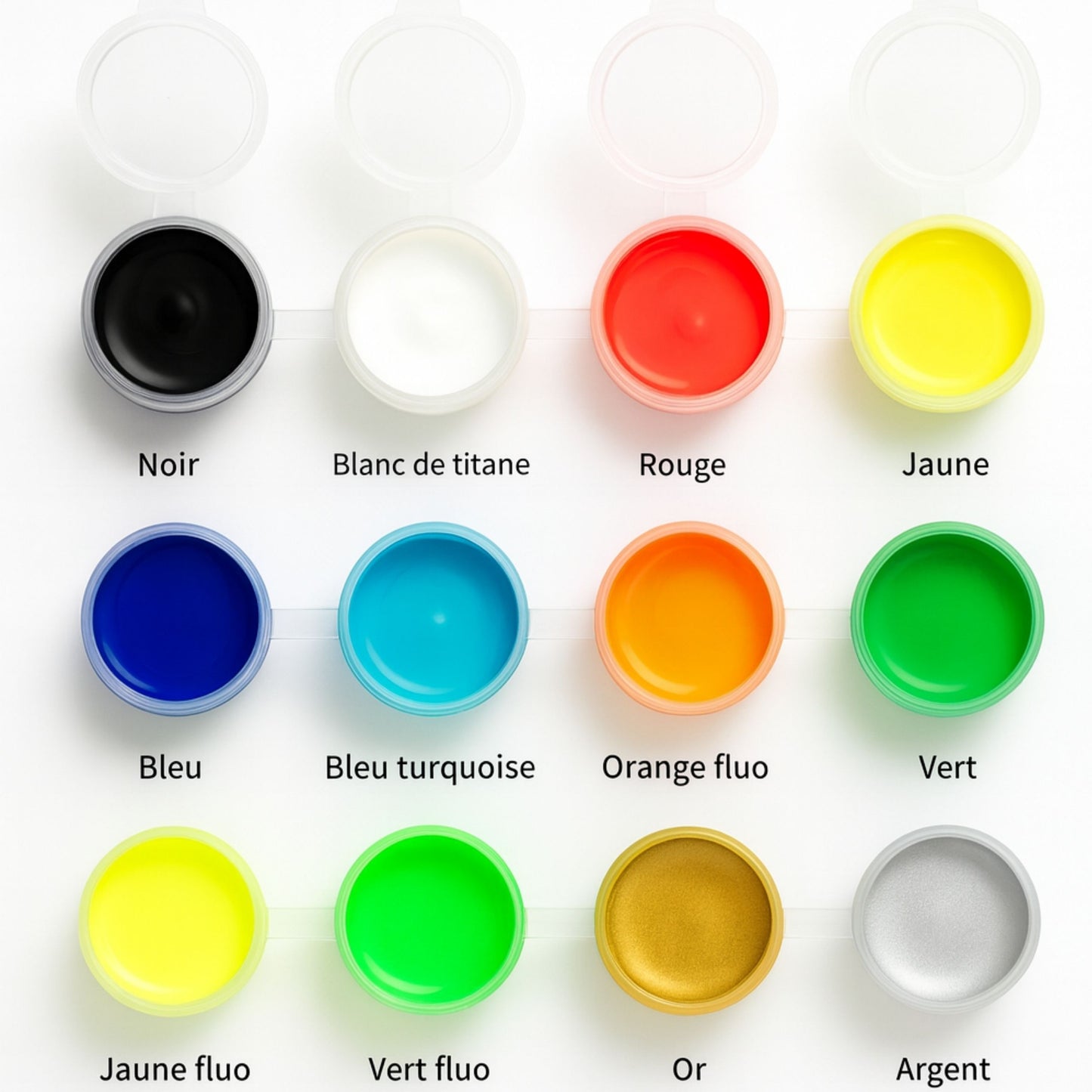 Palette peinture acrylique de qualité Panash Art 12 couleurs – noir, blanc, rouge, jaune, bleu, turquoise, orange fluo, vert, jaune fluo, vert fluo, or, argent pour pochoir créatif