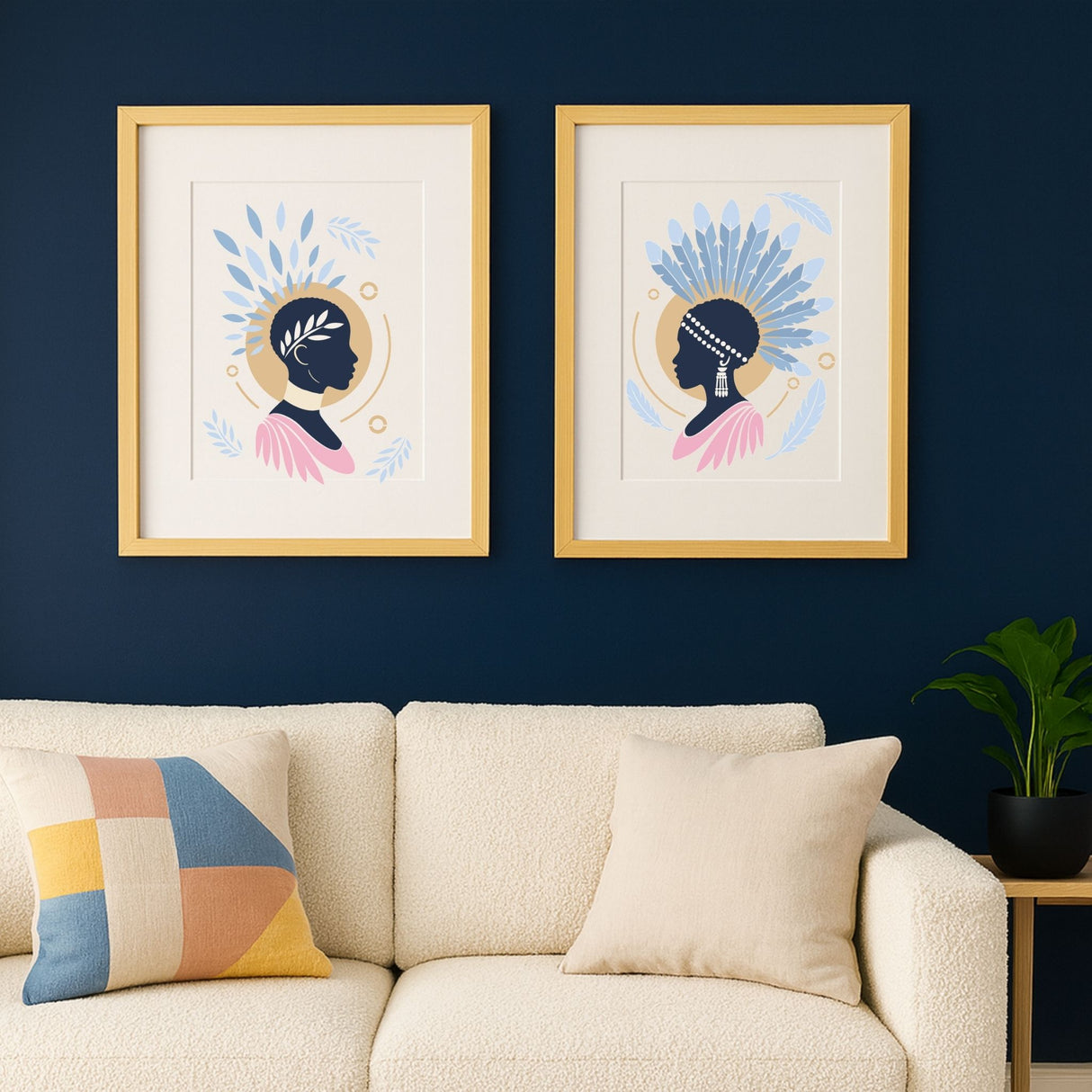 Mise en situation de deux cadres muraux montrant les modèles Aube et Crépuscule de Panash Art, affichés au-dessus d’un salon au design contemporain.