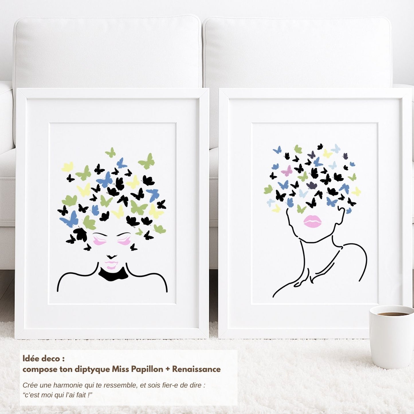 Diptyque décoratif moderne réalisé avec les kits pochoirs artistiques Panash Art. Deux tableaux minimalistes encadrés style contemporain, activité créative DIY accessible aux débutants pour créer une décoration murale harmonieuse sans savoir dessiner.