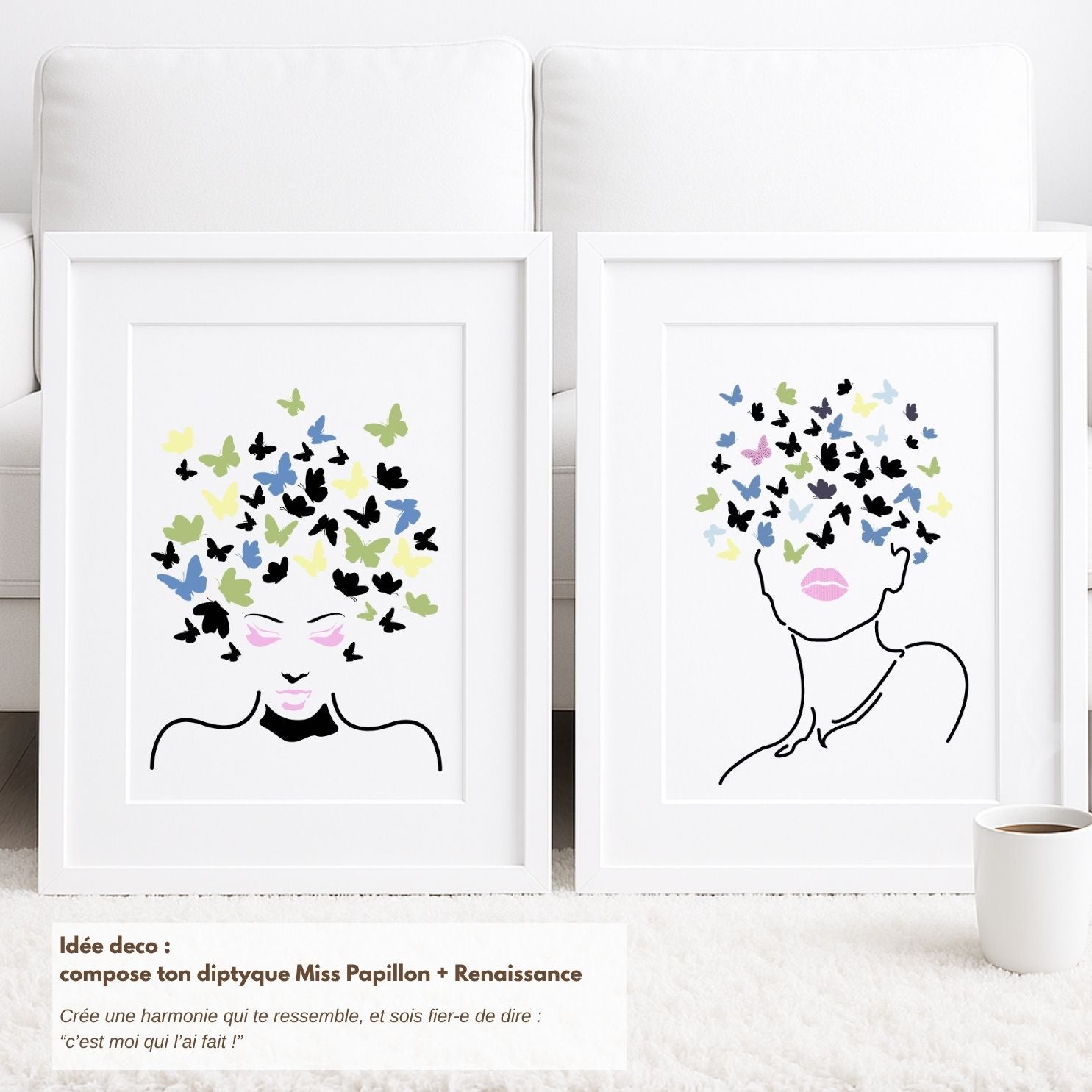 Diptyque décoratif moderne réalisé avec les kits pochoirs artistiques Panash Art. Deux tableaux minimalistes encadrés style contemporain, activité créative DIY accessible aux débutants pour créer une décoration murale harmonieuse sans savoir dessiner.