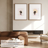 Mise en situation de deux cadres muraux montrant les modèles Aube et Crépuscule de Panash Art, affichés au-dessus d’un salon au design contemporain.