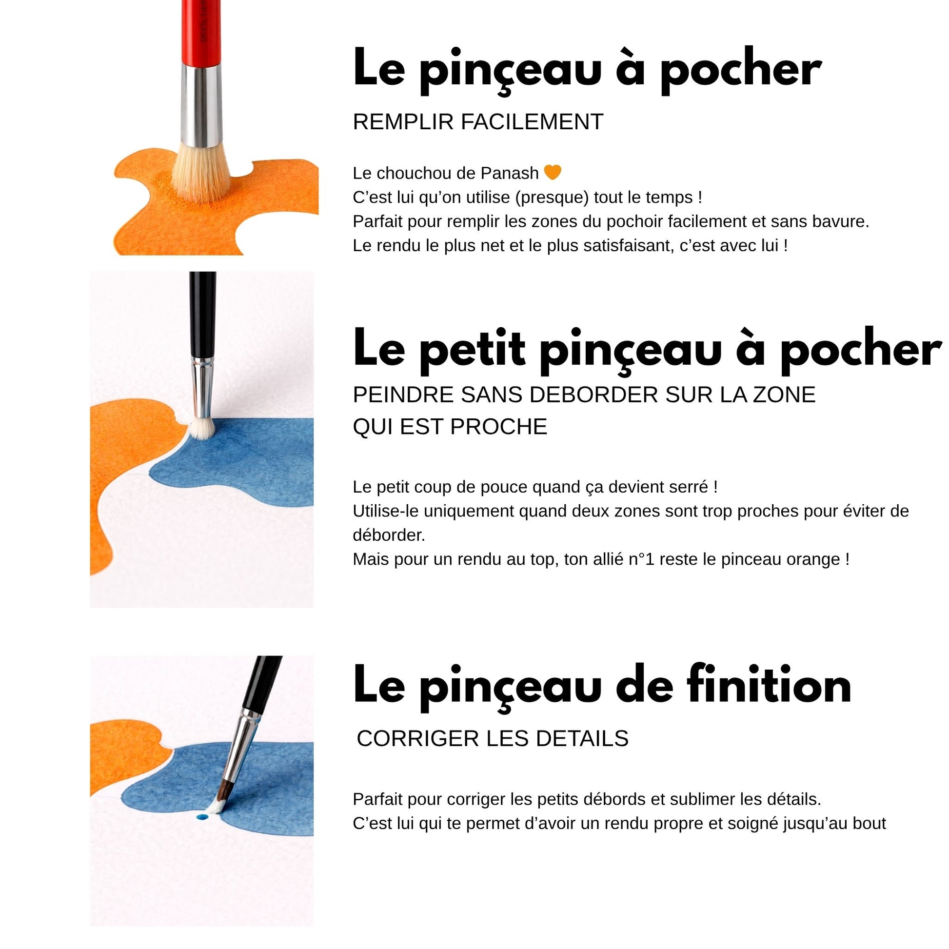 Pinceaux peinture pochoir Panash Art – pinceau à pocher, pinceau précision et pinceau de finition pour remplir formes, éviter débordements et corriger détails, kit créatif facile alternative peinture au numéro