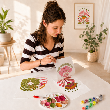 adolescent réalisant le kit créatif Flowers bali avec 3 pochoirs superposables, une activité manuelle florale sans écrans pour créer facilement un tableau déco, alternative à la peinture au numéro.