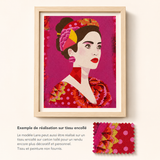  Portrait femme Lana créé avec 4 pochoirs réutilisables Panash Art sur tissu texturé rose – kit créatif DIY débutant pour décoration intérieure moderne