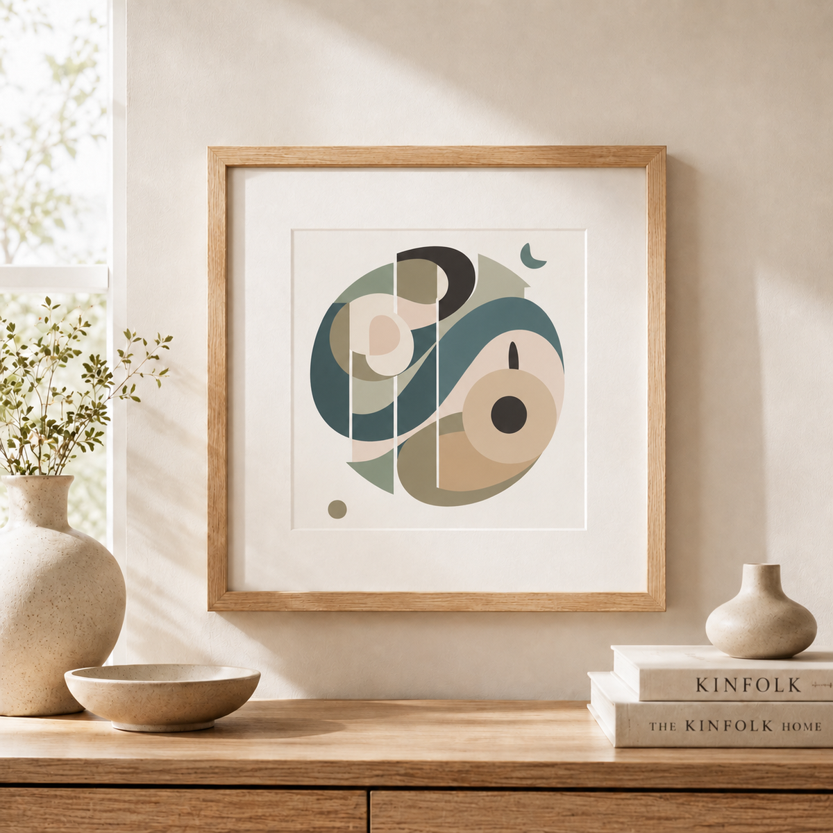 Affiche abstraite géométrique Synergie de Panash Art encadrée dans une décoration japandi moderne, œuvre réalisée avec 3 pochoirs superposables réutilisables, tons beige sable, bleu pétrole et terracotta, idée déco murale créative DIY sans savoir dessiner.