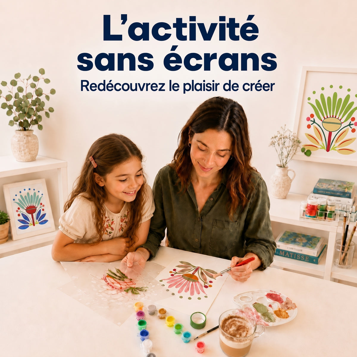 Mère et enfant réalisant le kit créatif Flowers Babs avec 3 pochoirs superposables, une activité manuelle florale sans écrans pour créer facilement un tableau déco, alternative à la peinture au numéro.