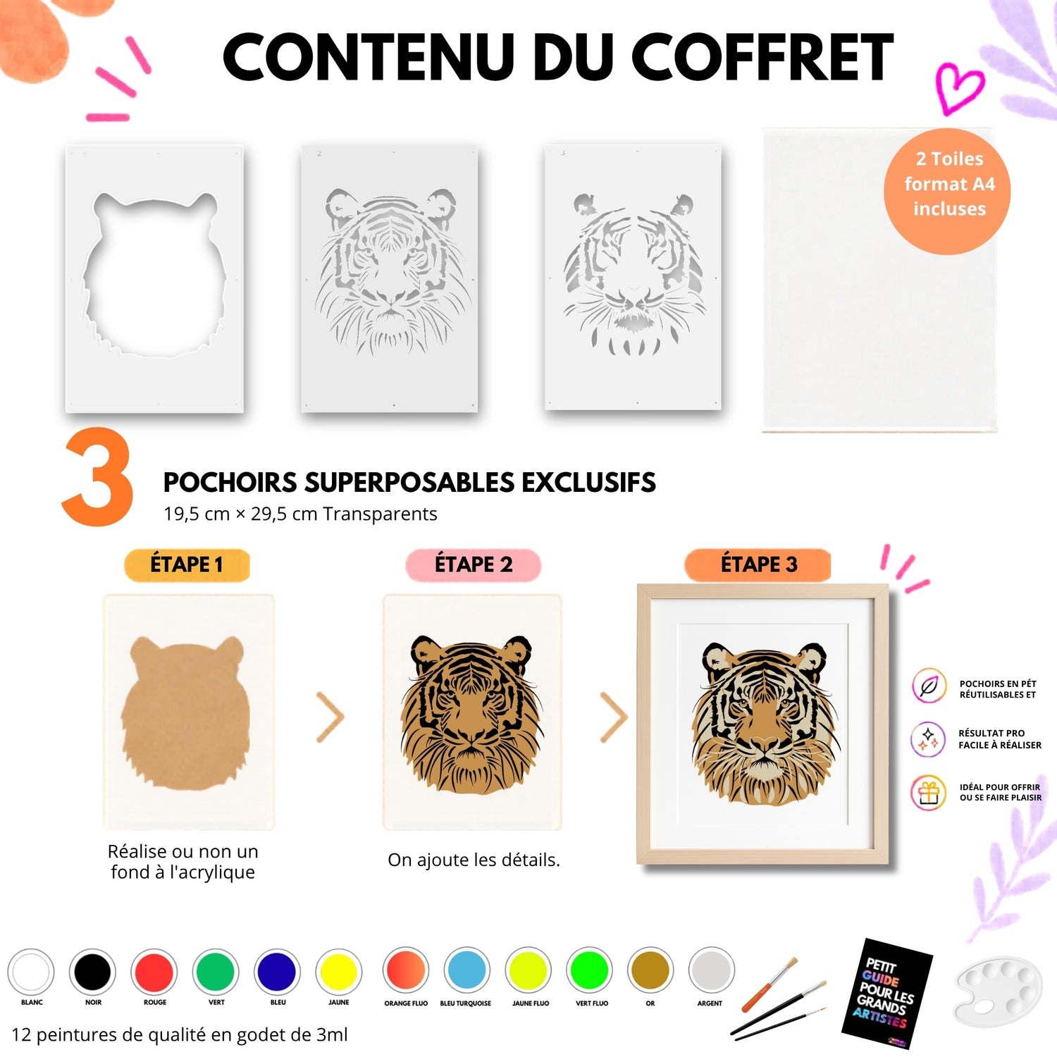 Kit créatif Tigre Panash Art avec 3 pochoirs superposables réutilisables, 2 toiles A4 et peinture acrylique – alternative à la peinture au numéro pour adulte et enfant dès 6 ans, activité DIY créative sans savoir dessiner, coffret artistique fait in France.