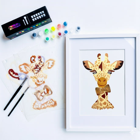 Kit créatif pochoir girafe Panash Art – activité peinture DIY pour enfant dès 6 ans et adulte, œuvre encadrée format A4, alternative à la peinture au numéro, fabrication française.