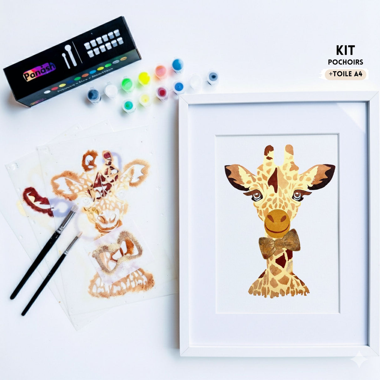 Kit créatif pochoir girafe Panash Art – activité peinture DIY pour enfant dès 6 ans et adulte, œuvre encadrée format A4, alternative à la peinture au numéro, fabrication française.