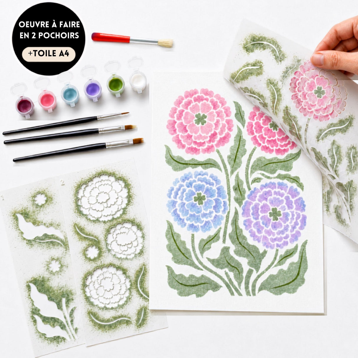 Kit pochoirs créatif Hortense : hortensias aux pochoirs, peintures et toile A4 prête à peindre, alternative peinture aux numéros