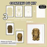 Contenu du kit pochoir lion Panash Art avec 3 pochoirs superposables et toile A4 incluse, étapes de création DIY pour réaliser une décoration murale moderne.