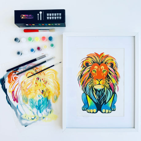 Kit pochoirs lion Panash en 3 couches superposables, activité créative DIY adulte et enfant dès 6 ans, alternative à la peinture au numéro, fabrication artisanale à Lille, œuvre A4 prête à encadrer