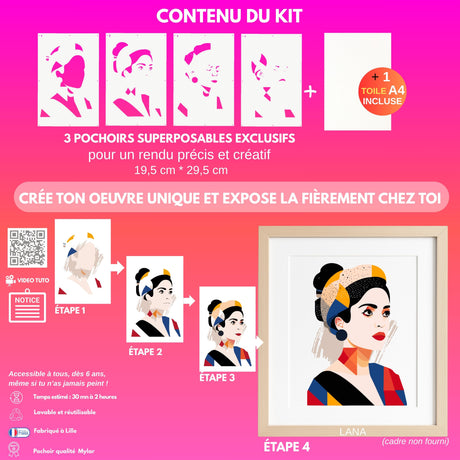Kit pochoirs créatifs Lana | Portrait pop art contemporain en 4 superpositions | Panash Art