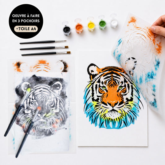 Kit créatif Tigre Panash Art en 3 pochoirs superposables avec toile A4, pinceaux et peintures. Activité créative sans écran pour enfant dès 6 ans et adulte, alternative à la peinture par numéros.