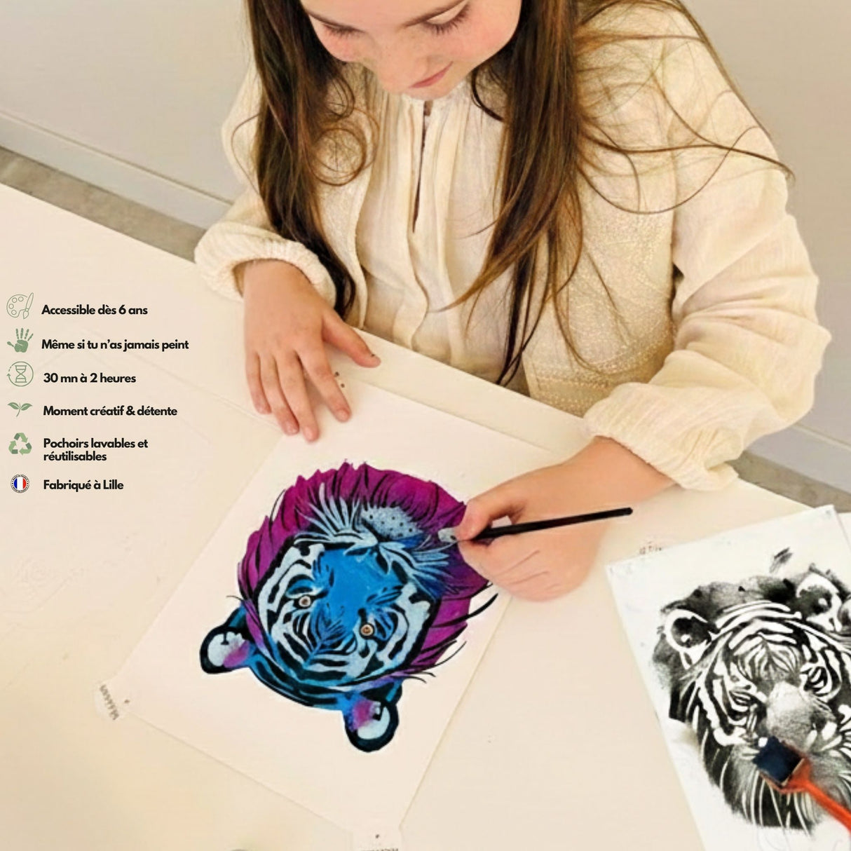 Enfant en train de créer une girafe avec un kit créatif Panash Art, activité ludique et relaxante à faire à la maison 