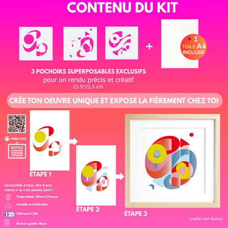 Kit Pochoirs Sinergy – 3 pochoirs abstraits superposables + toile A4 incluse
