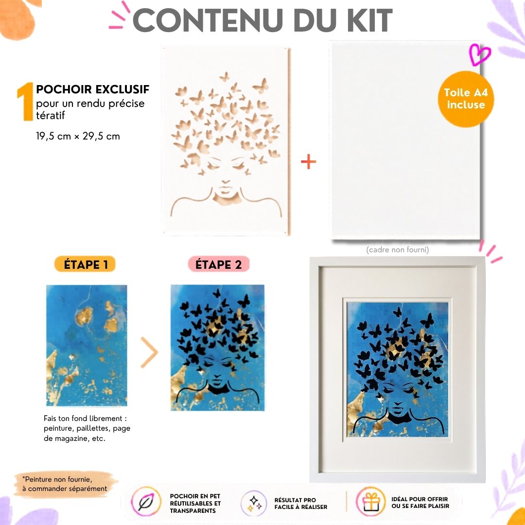 Kit pochoir Miss Papillon 1 superposition Panash Art avec toile A4 incluse, pochoir réutilisable en PET et rendu artistique coloré. Activité créative facile, alternative à la peinture au numéro pour adulte et enfant.