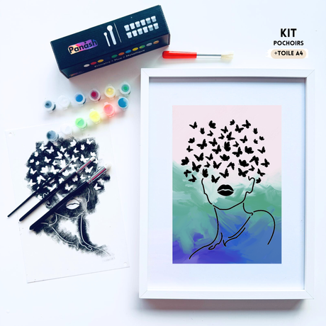 Pochoir créatif Renaissance Papillons Panash Art, portrait féminin moderne à réaliser en peinture acrylique, kit DIY artistique format A4 avec cadre blanc, activité créative alternative à la peinture au numéro