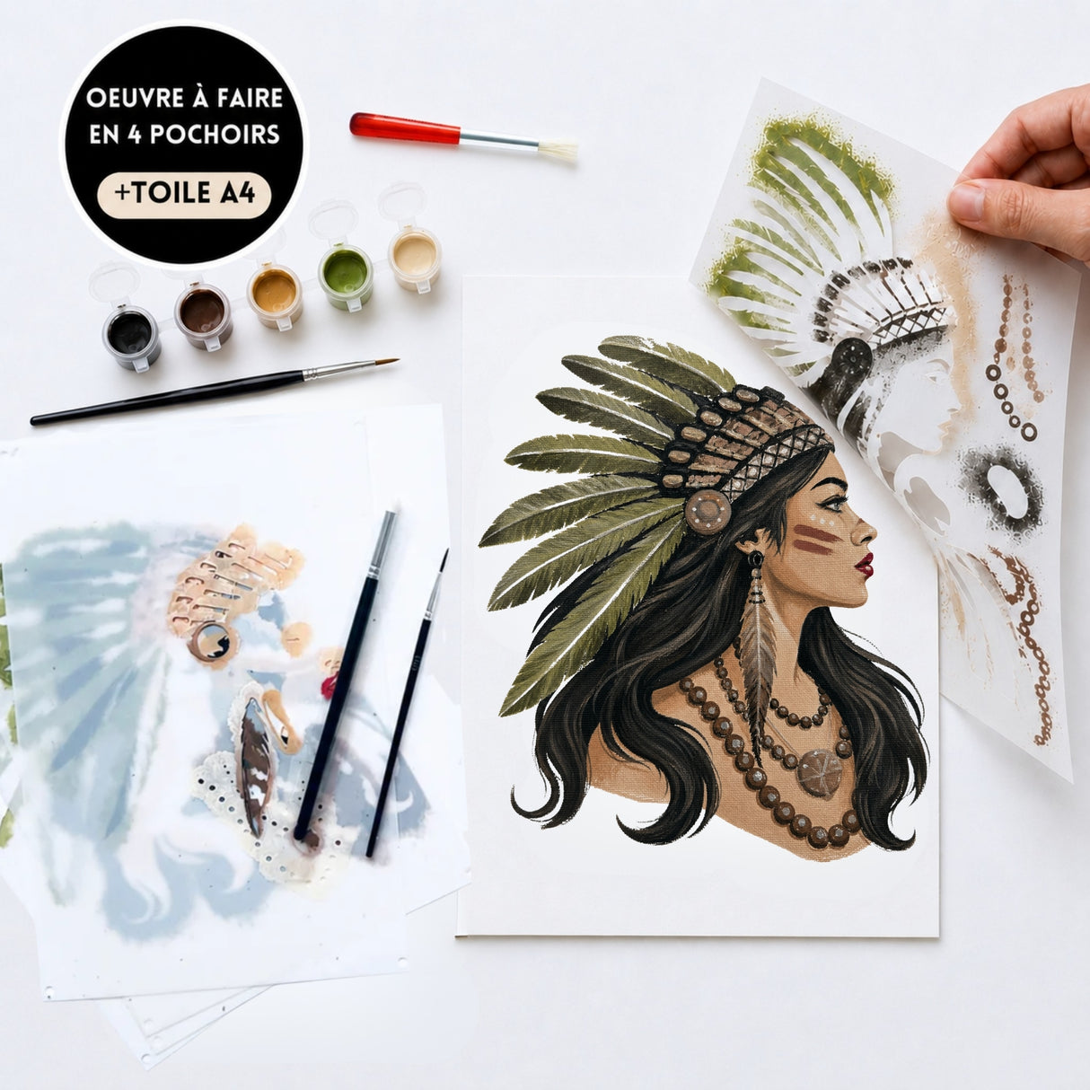Kit créatif Dakota Panash Art avec 4 pochoirs superposables et toile A4 incluse. Portrait amérindien à réaliser soi-même, alternative à la peinture au numéro pour adultes et enfants.