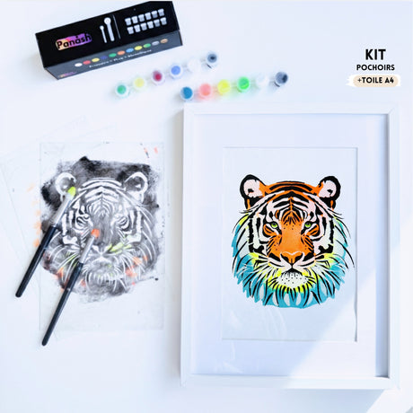 Illustration de tête de tigre colorée réalisée avec un kit créatif Panash Art, pochoirs superposables et peinture acrylique, alternative moderne à la peinture au numéro, activité créativefacile sans savoir dessiner.