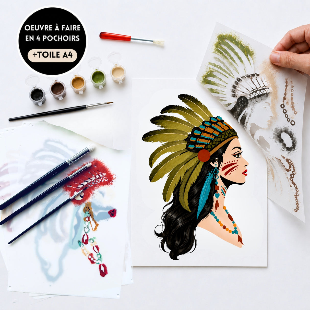 Modèle Tiva Panash Art tableau femme profil réalisé avec 4 pochoirs superposables, kit créatif DIY alternatif peinture au numéro, fabrication française
