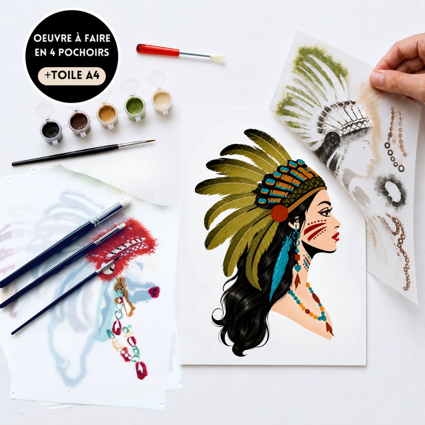 Modèle Tiva Panash Art tableau femme profil réalisé avec 4 pochoirs superposables, kit créatif DIY alternatif peinture au numéro, fabrication française